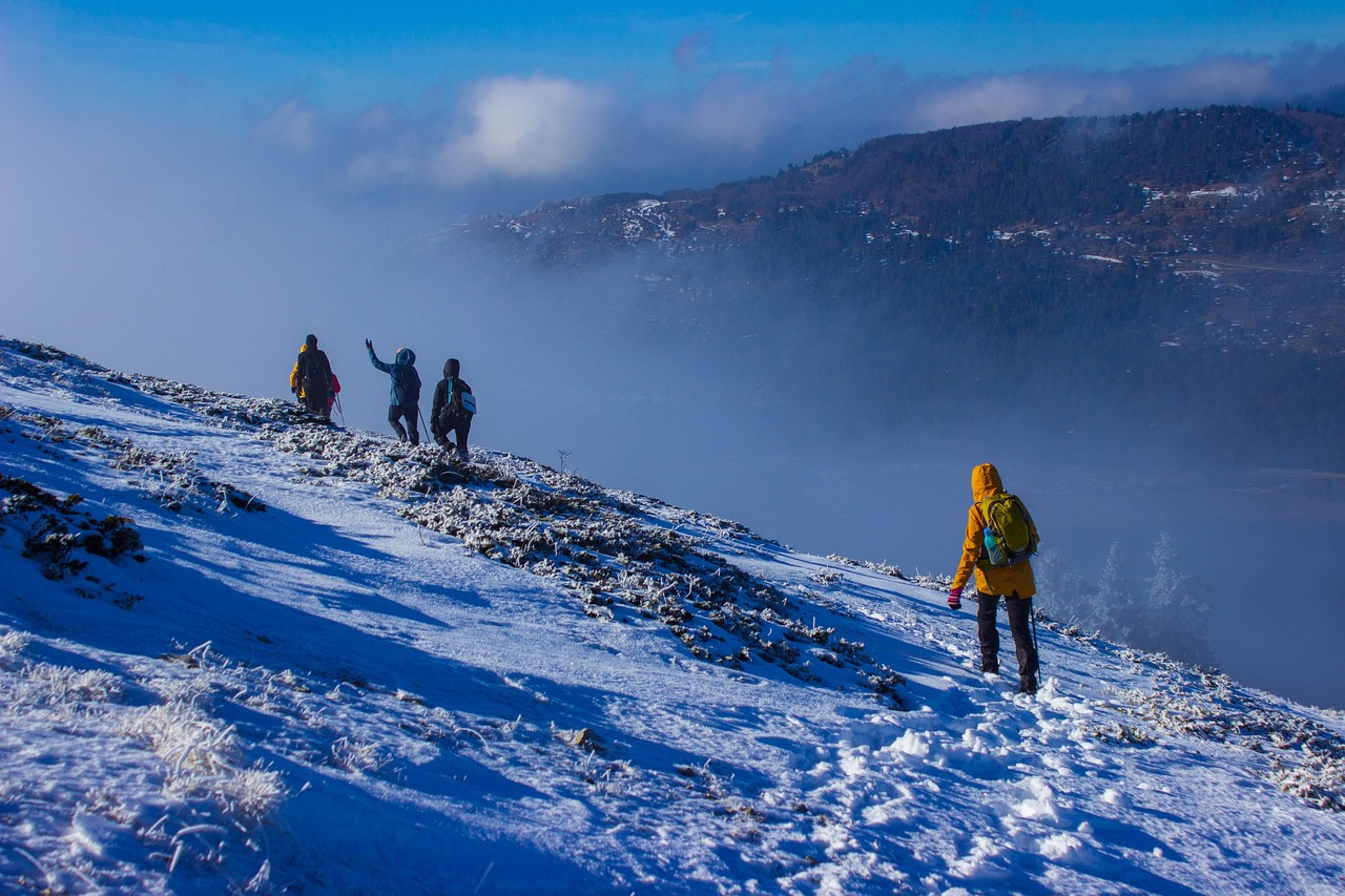Paesaggio invernale ghiacciato, con segnale di avvertimento su un sentiero pericoloso.