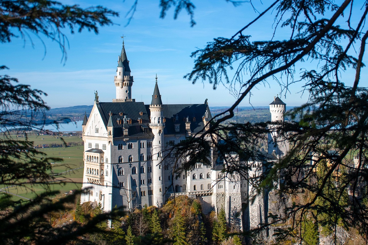 Castello di Neuschwanstein immerso nella nebbia mattutina, con paesaggio incantevole e atmosfera magica.